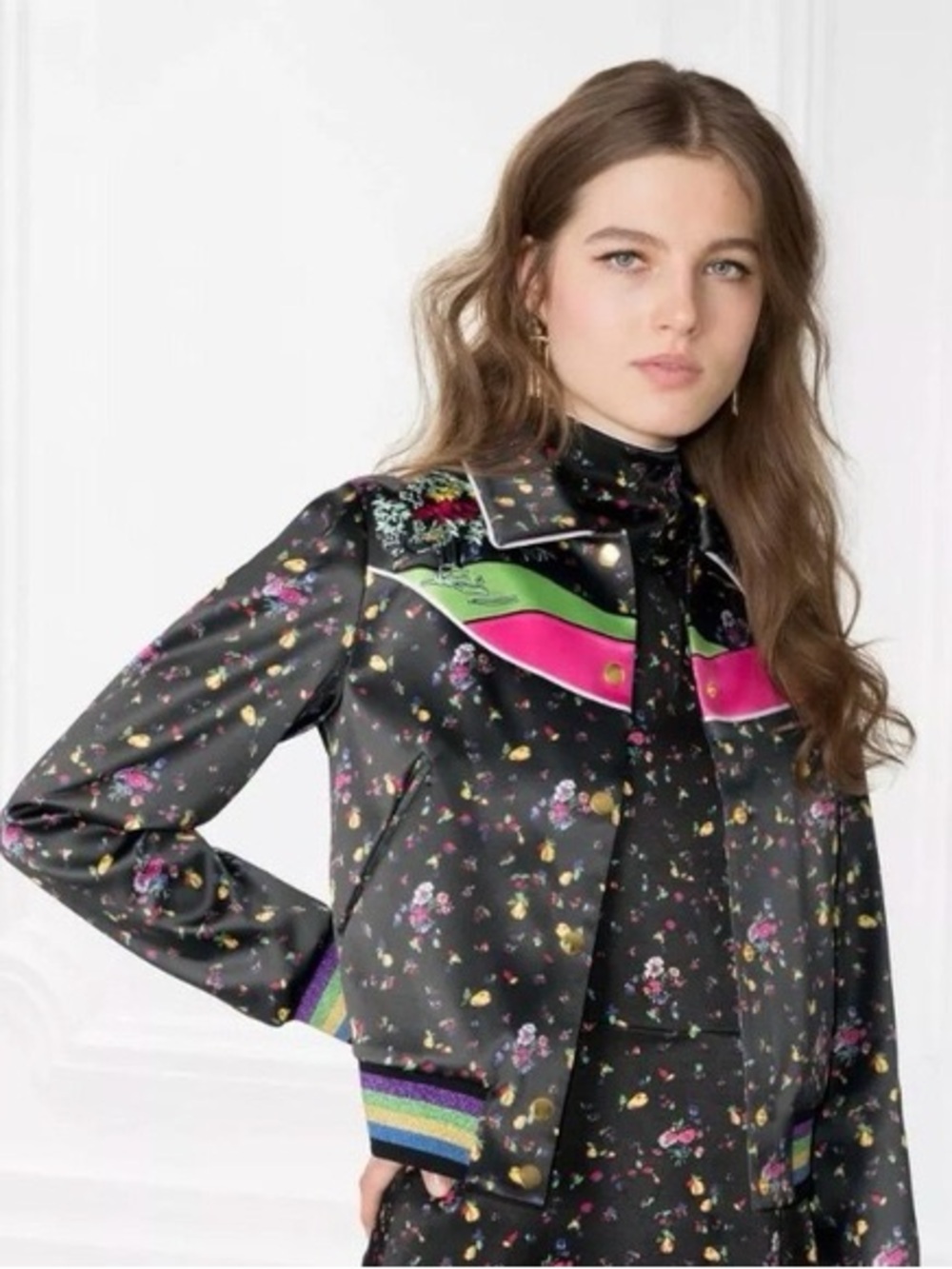 & Other Stories Black Floral SatinJacket with Pink & Lime Panels